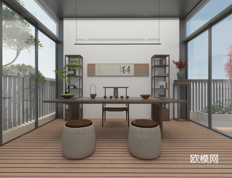 新中式 茶室3d模型下載