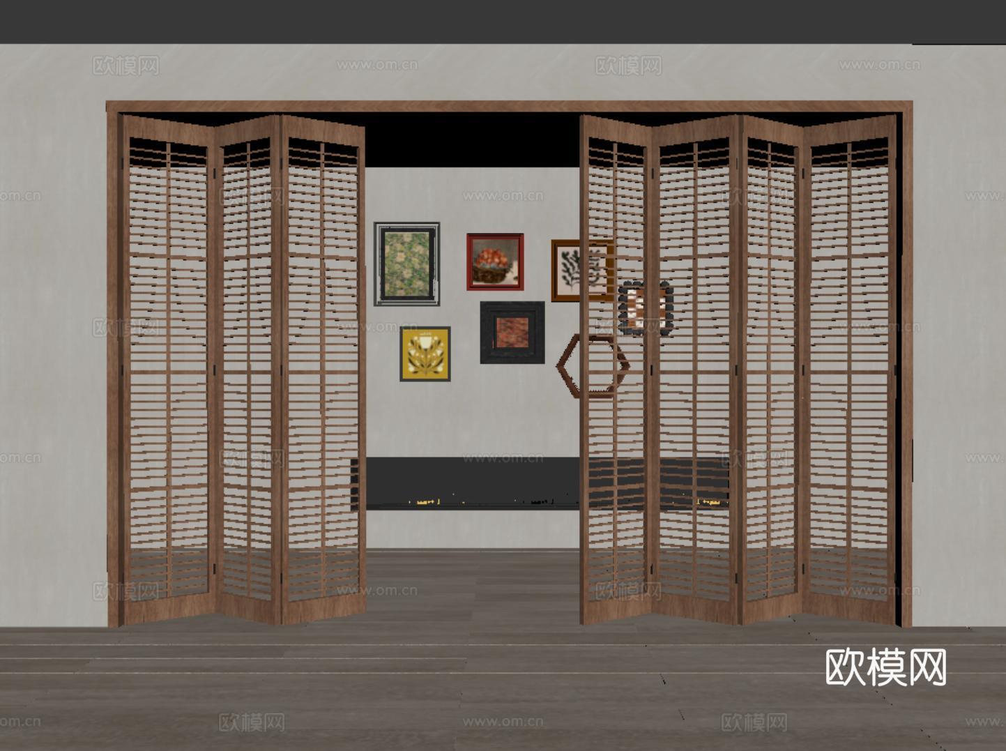 中古风折叠门 多联折叠门 木质格栅su模型