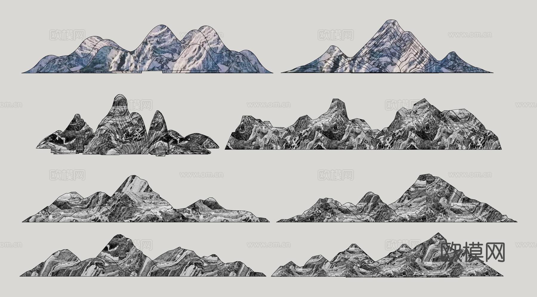 新中式雪浪石 假山片石 泰山石 景观置石 石景 景石 片岩石su模型