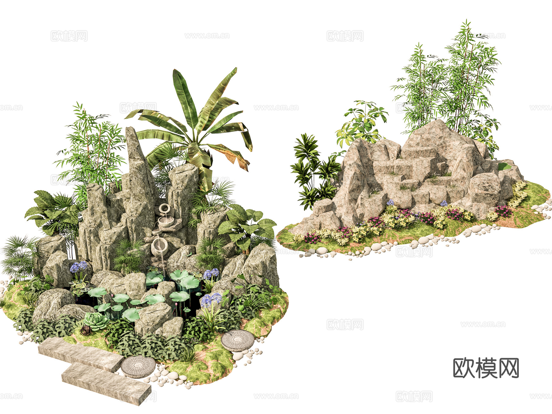 新中式现代假山 新中式庭院石头 庭院石头造景小品 石头岩石su模型