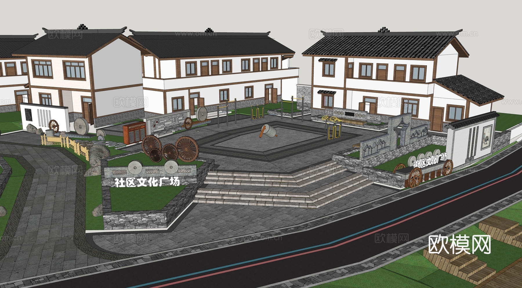 现代社区文化广场美丽乡村广场景观 乡村文化建设 健身运动中心su模型
