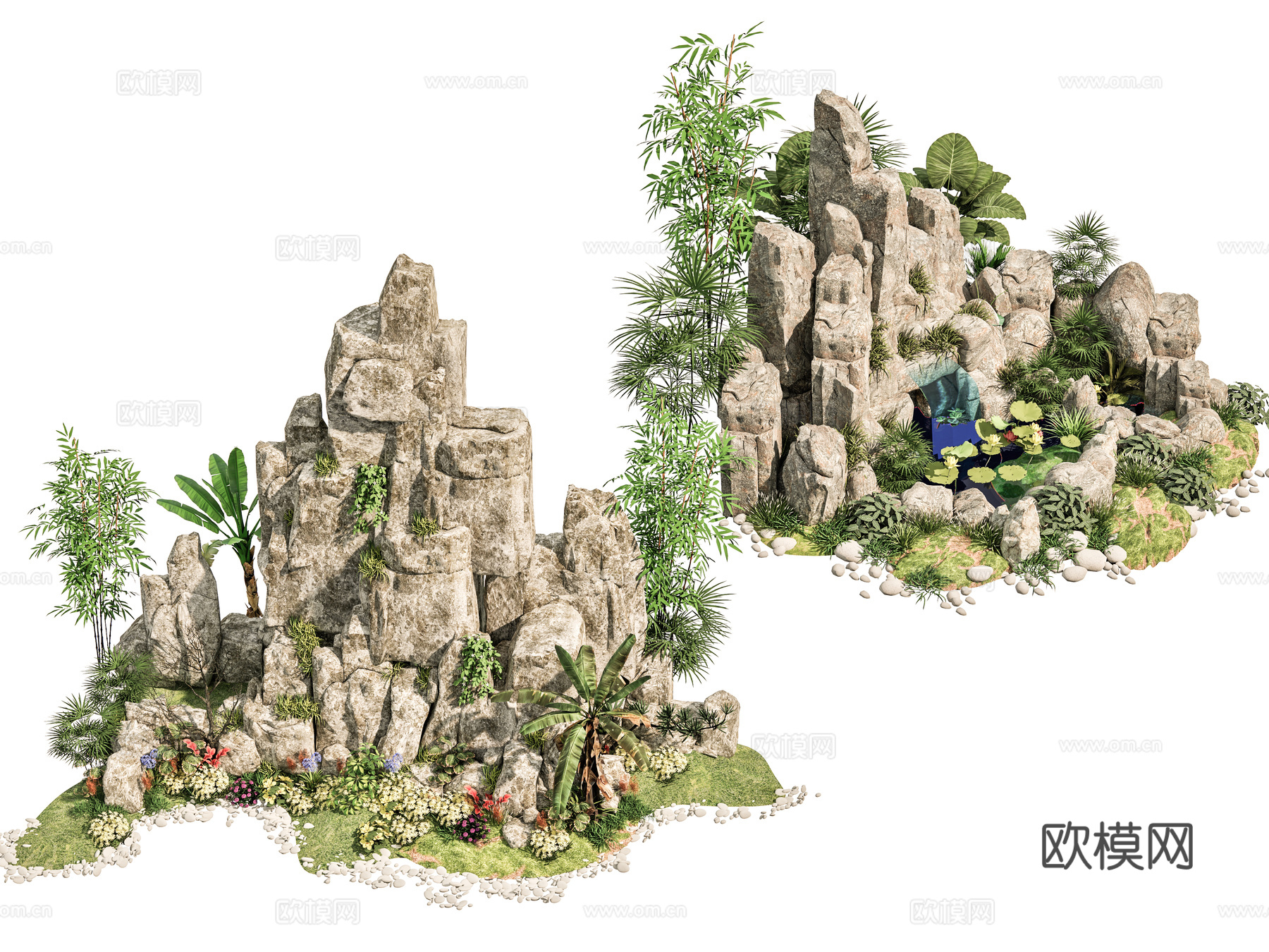 新中式现代假山 新中式庭院石头 庭院石头造景小品 石头岩石su模型