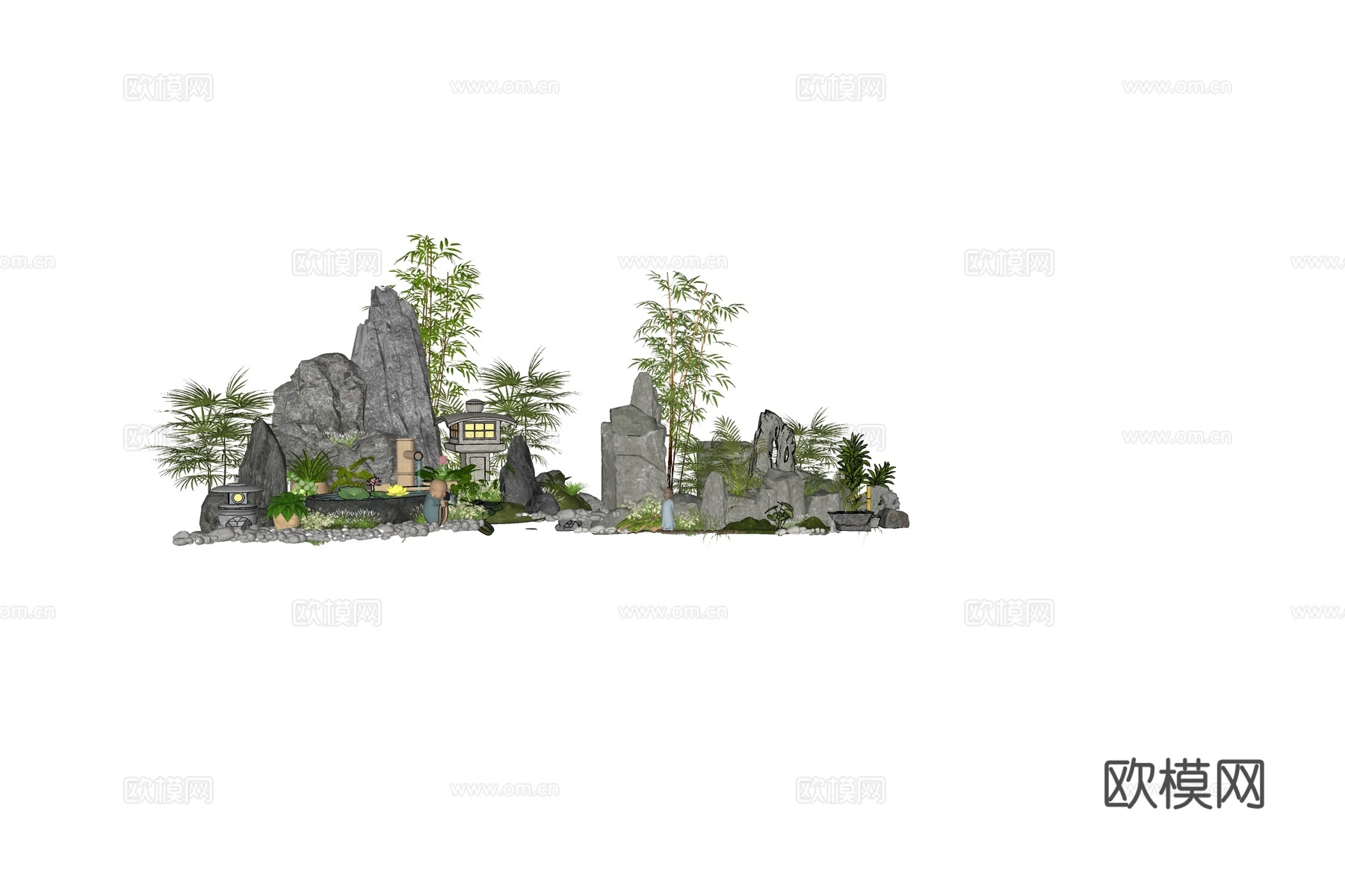 新中式现代假山 新中式庭院石头 庭院石头造景小品 石头岩石su模型