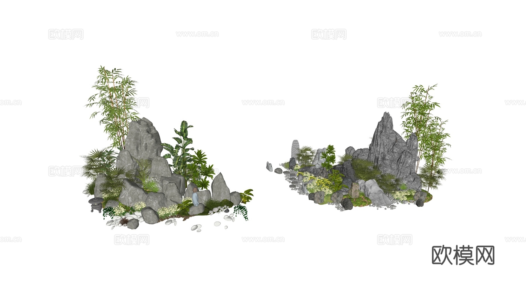 新中式现代假山 新中式庭院石头 庭院石头造景小品 石头岩石su模型