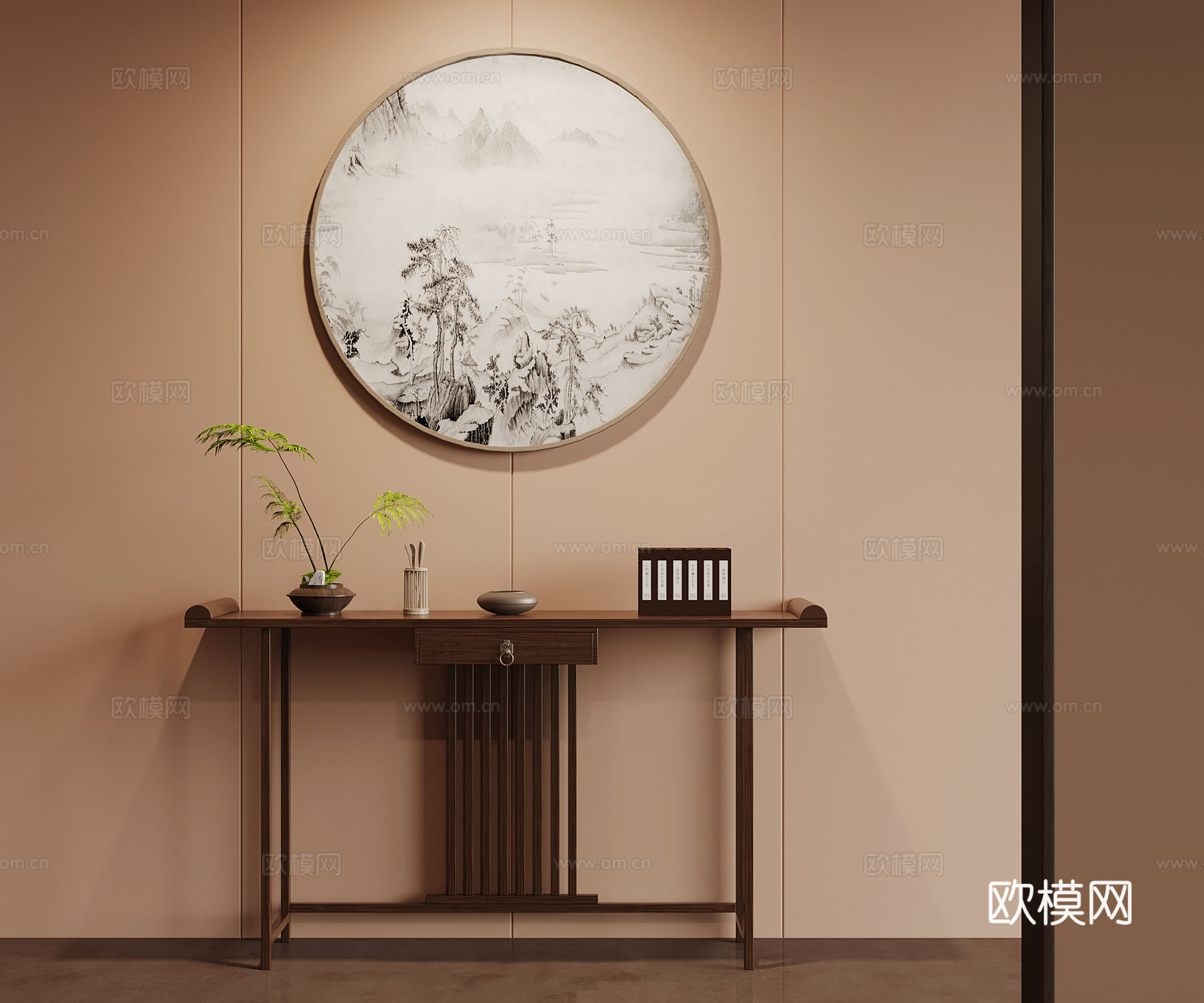 新中式端景台 墙饰 绿植摆件su模型