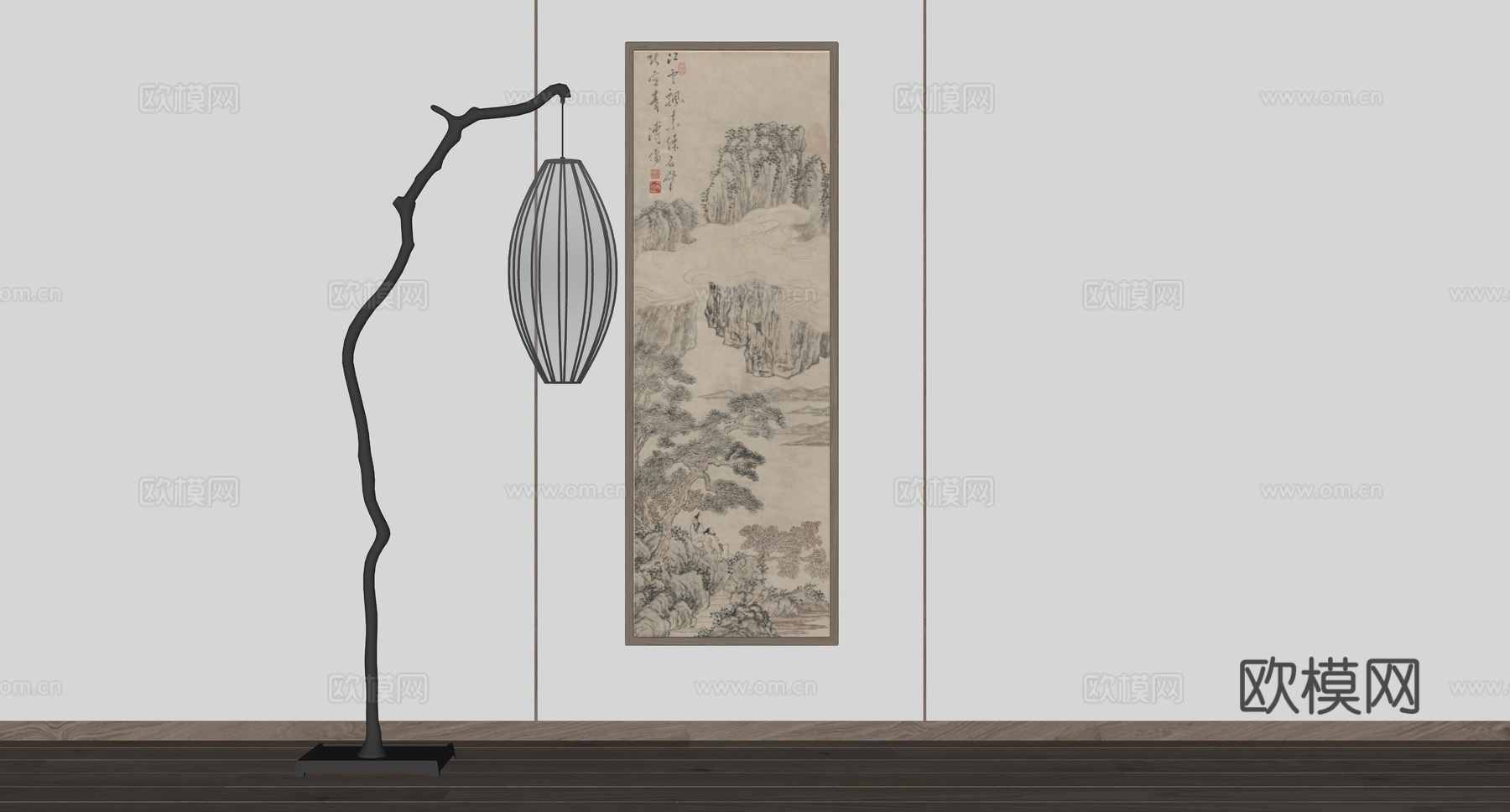 新中式装饰画 台灯su模型