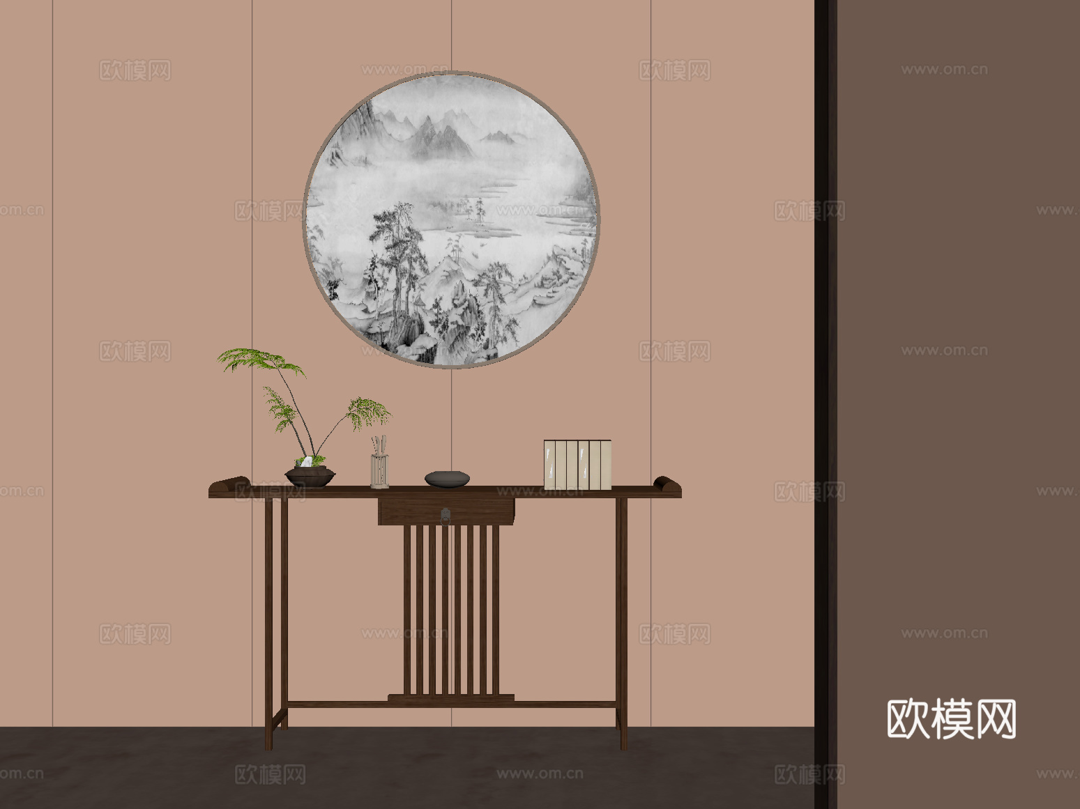 新中式端景台 墙饰 绿植摆件su模型