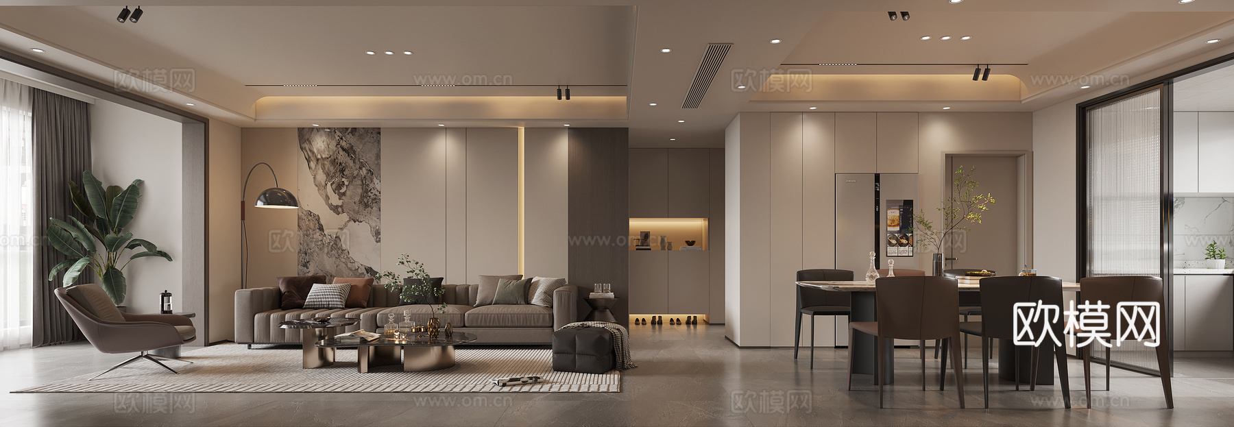 现代 客厅餐厅 极简  电视背景 沙发餐桌组合3d模型