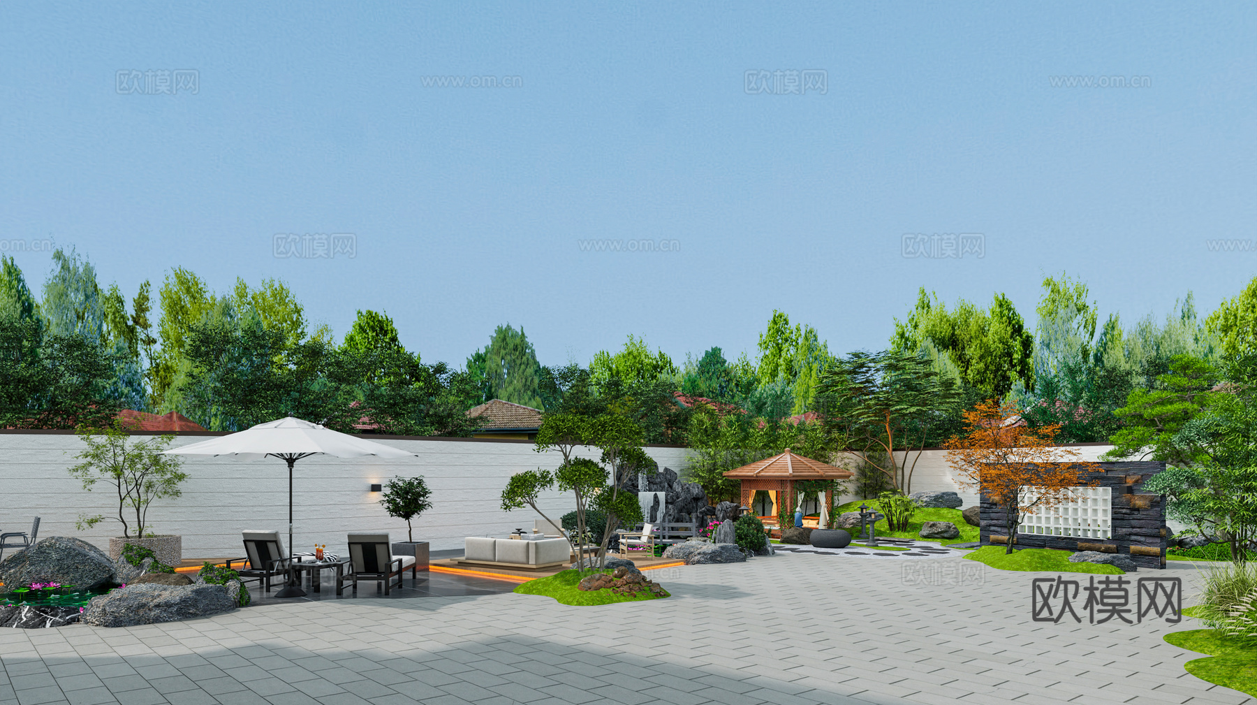 现代别墅 新中式别墅 庭院景观 绿植灌木 石头假山流水 鱼池3d模型