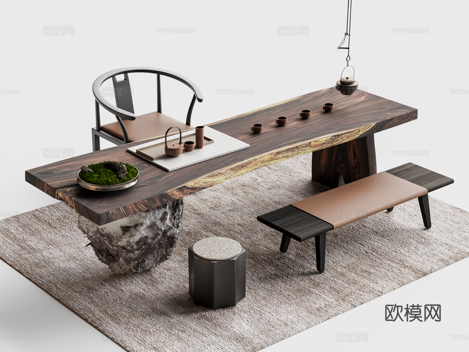新中式茶桌椅 茶台 长凳 茶具 圈椅 大板桌3d模型
