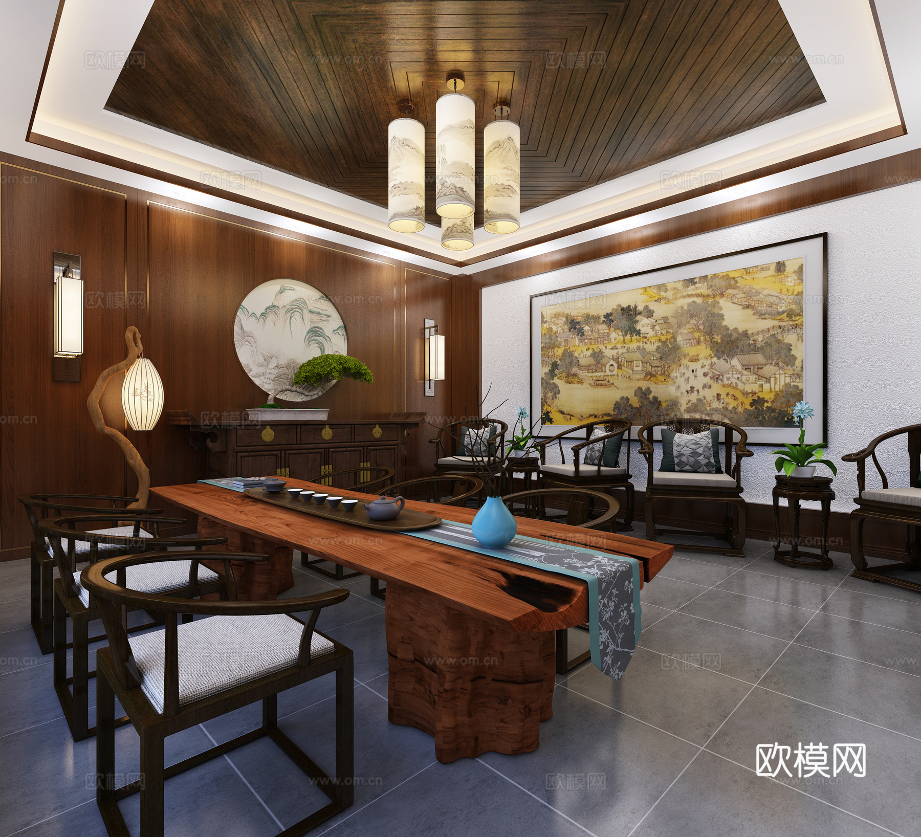 中式会议室 吊灯 椅子组合3d模型