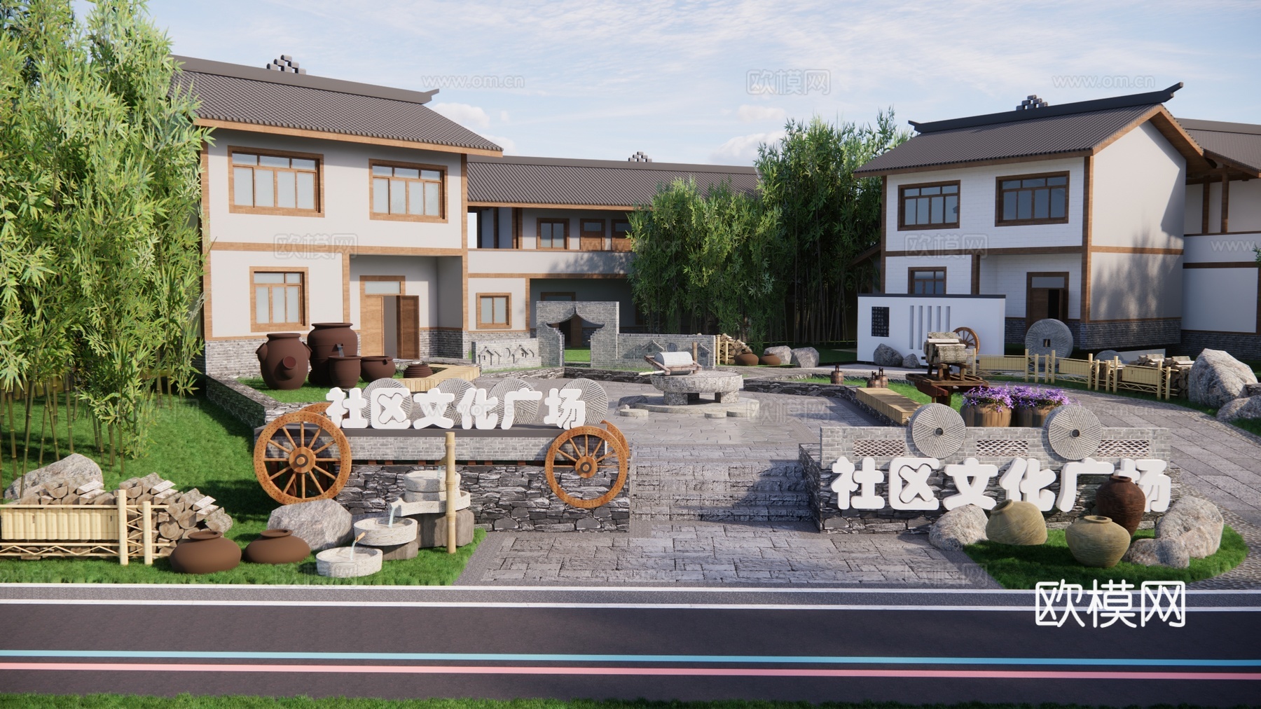 现代美丽乡村广场景观 社区活动广场 乡村文化建设 健身运动中3d模型