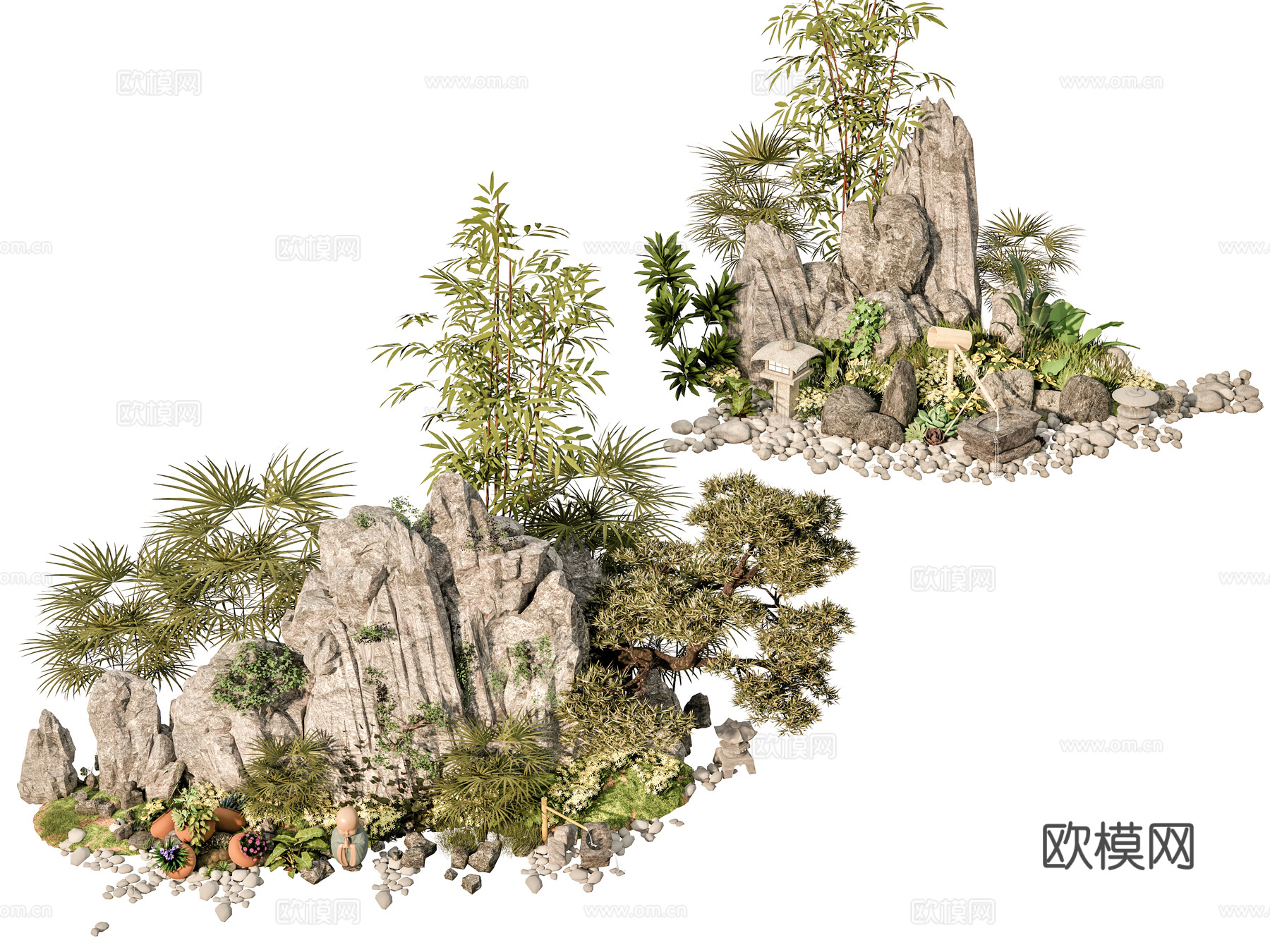 新中式现代假山 新中式庭院石头 庭院石头造景小品 石头岩石su模型