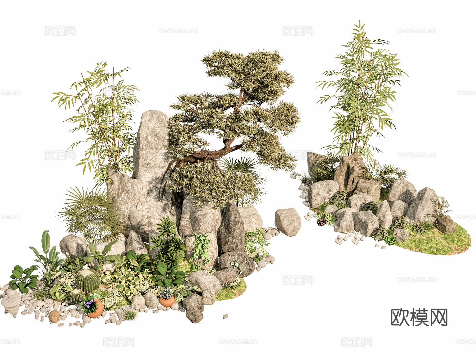 新中式现代假山 新中式庭院石头 庭院石头造景小品 石头岩石su模型