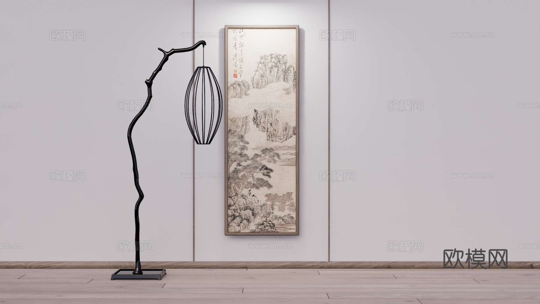 新中式装饰画 台灯su模型