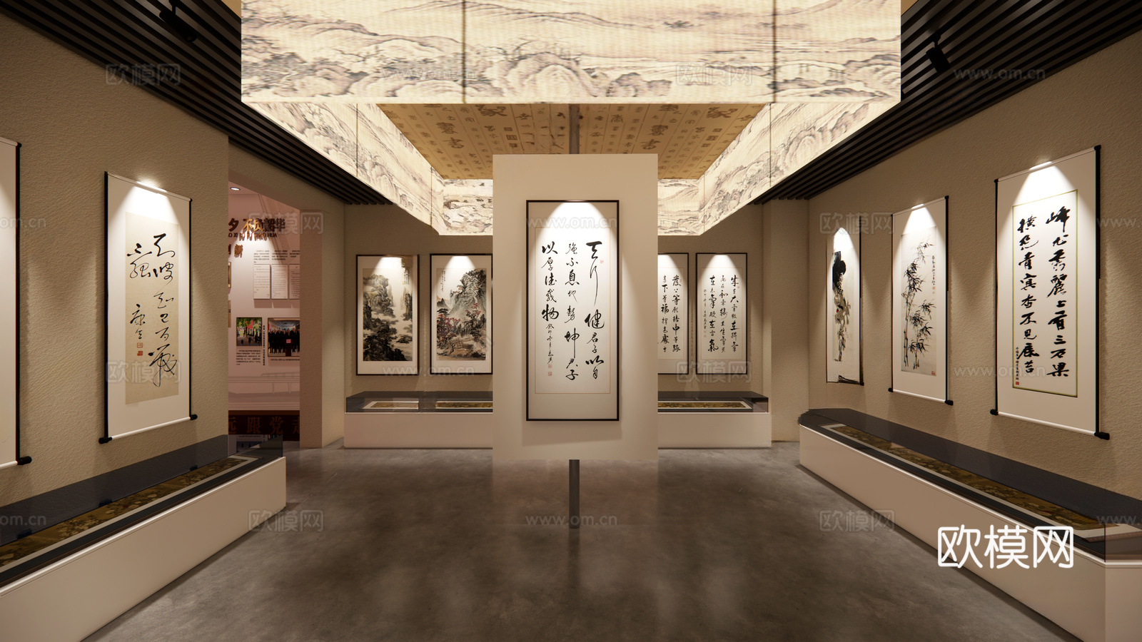 新中式中式文化空间 书画室 艺术展厅 字画su模型