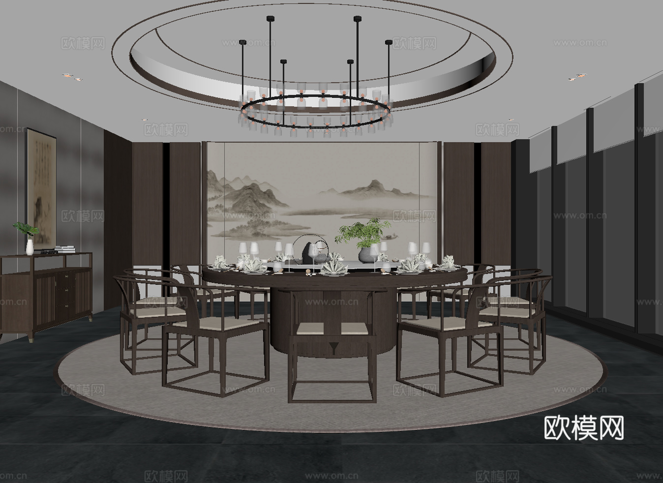 新中式餐厅 餐桌椅 吊灯su模型