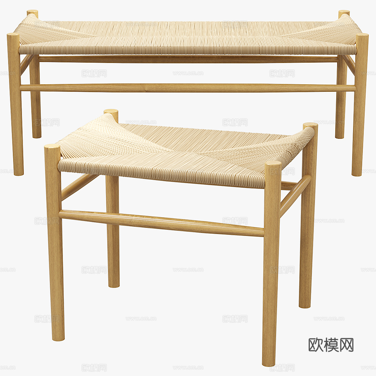新中式藤编长凳 换鞋凳 条凳3d模型