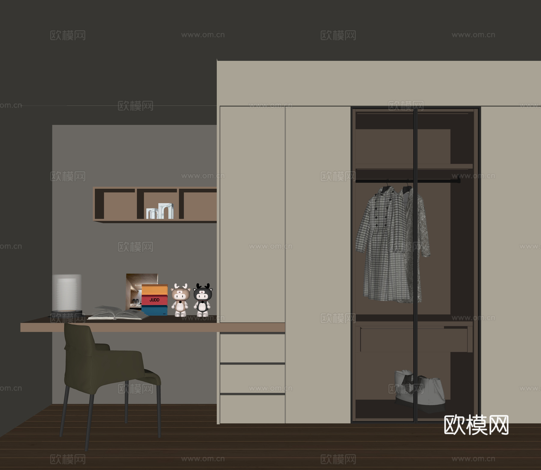 现代书桌一体衣柜su模型
