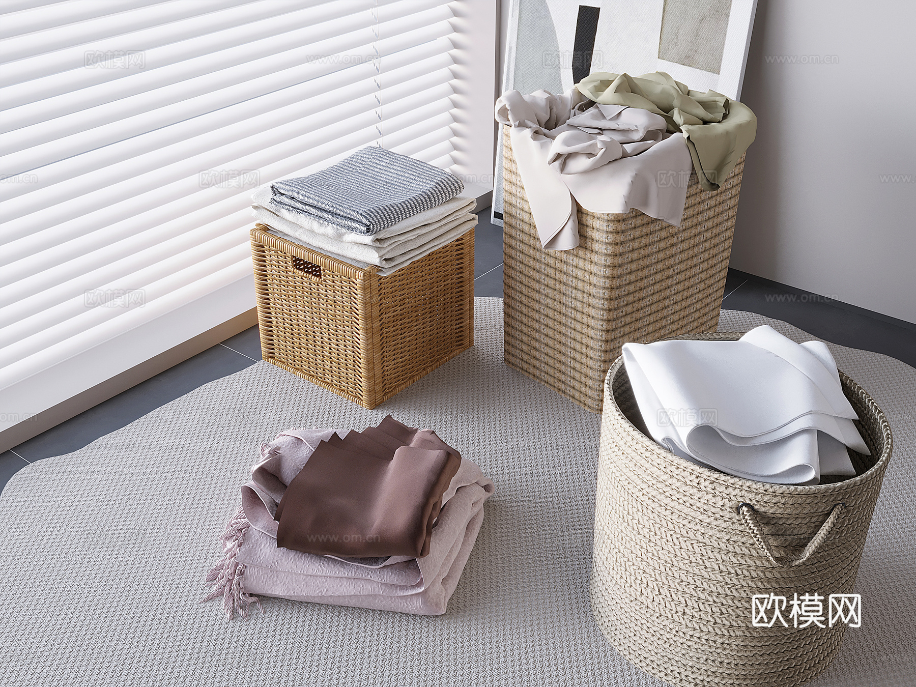 编织收纳筐收纳篮 衣服篓草编整理篮 储物箱衣物收纳盒3d模型
