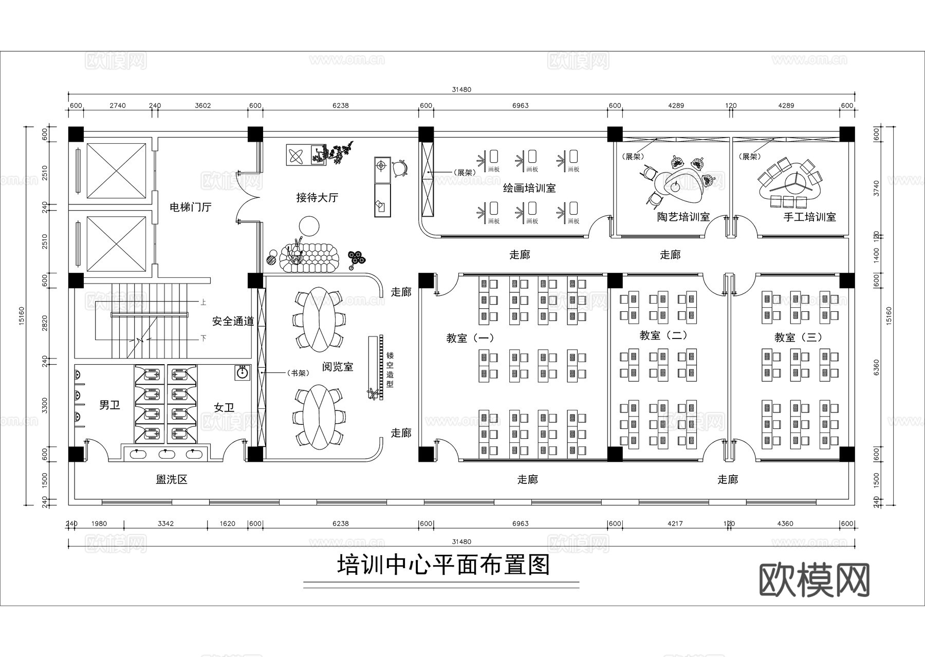 现代培训中心平面布置图cad施工图