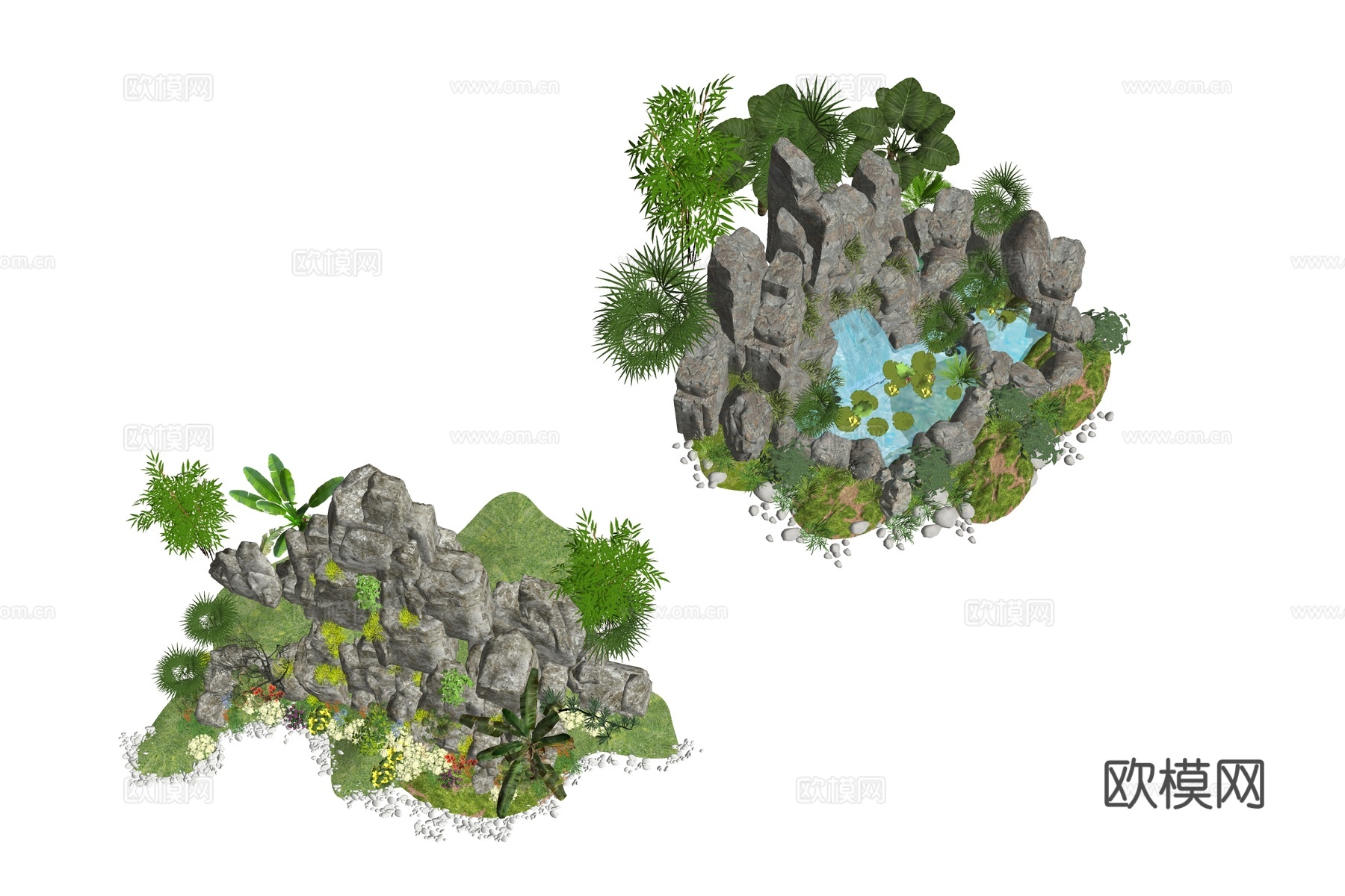 新中式现代假山 新中式庭院石头 庭院石头造景小品 石头岩石su模型