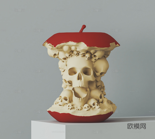 现代艺术苹果雕塑 骷髅苹果 被啃食的苹果 万圣节美陈摆设 装su模型下载(渲染图1)
