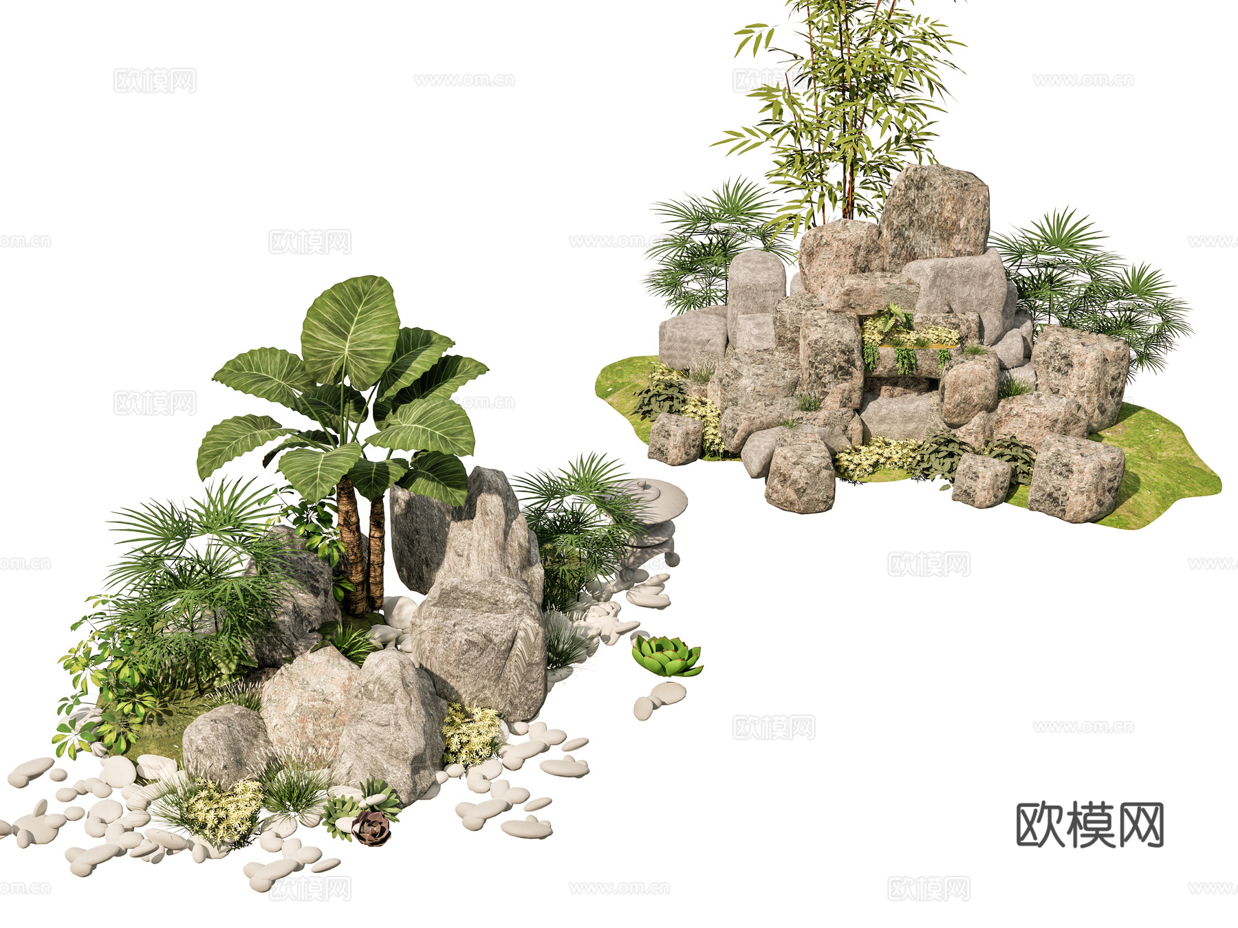 新中式现代假山 新中式庭院石头 庭院石头造景小品 石头岩石su模型