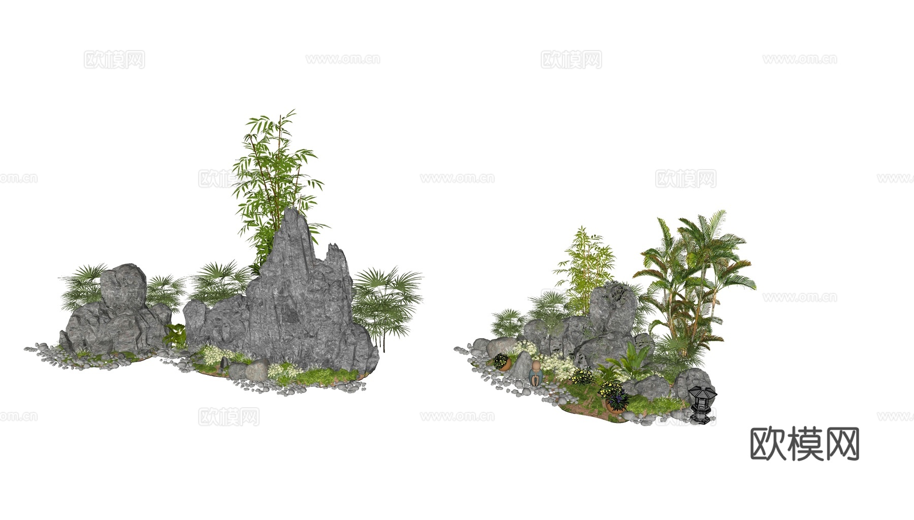 新中式现代假山 新中式庭院石头 庭院石头造景小品 石头岩石su模型