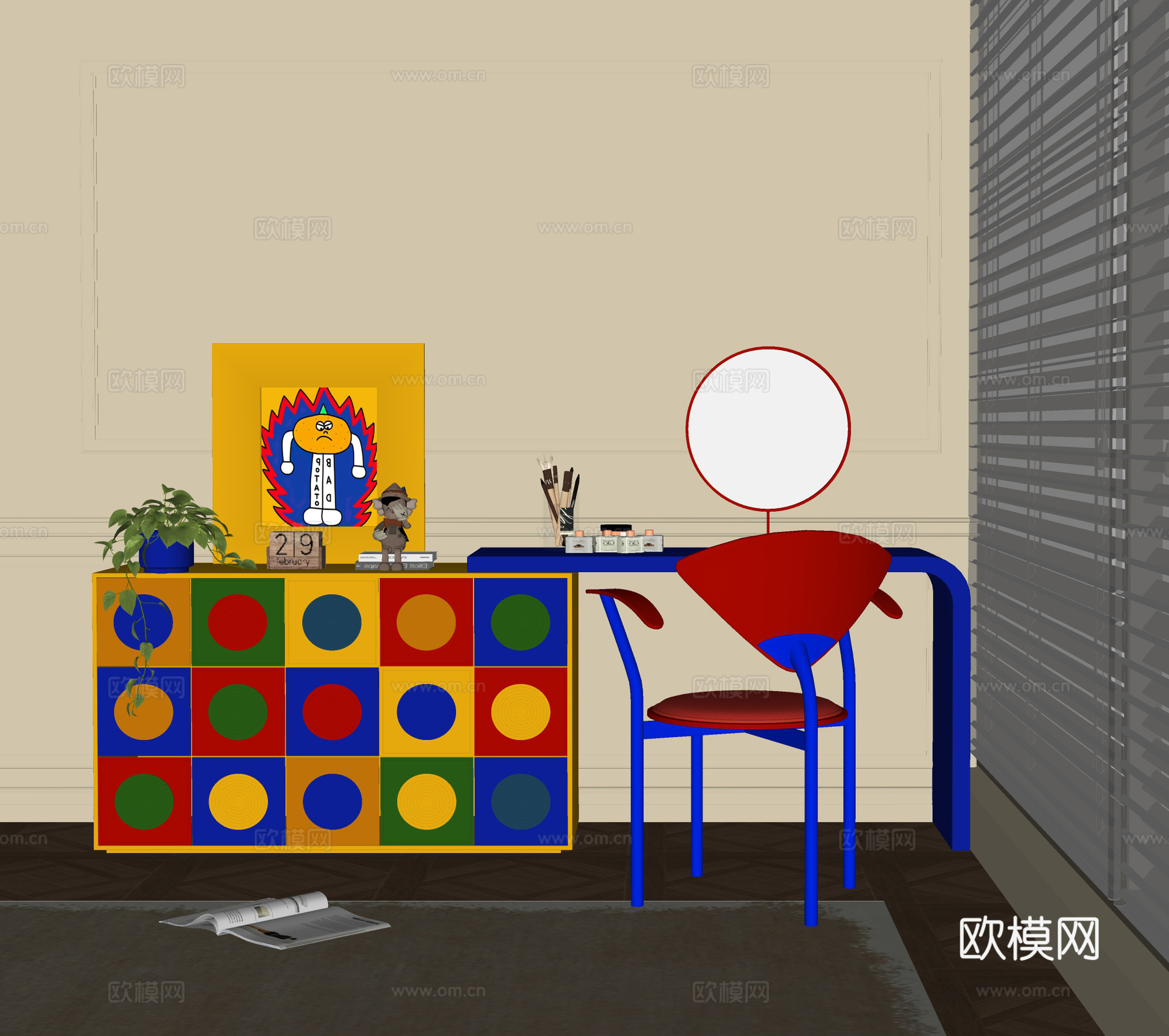 现代包豪斯梳妆台 多巴胺 书桌椅su模型下载（渲染图2）