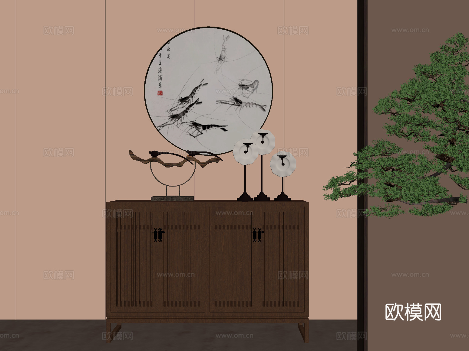 新中式玄关柜 端景柜 端景台 挂画su模型