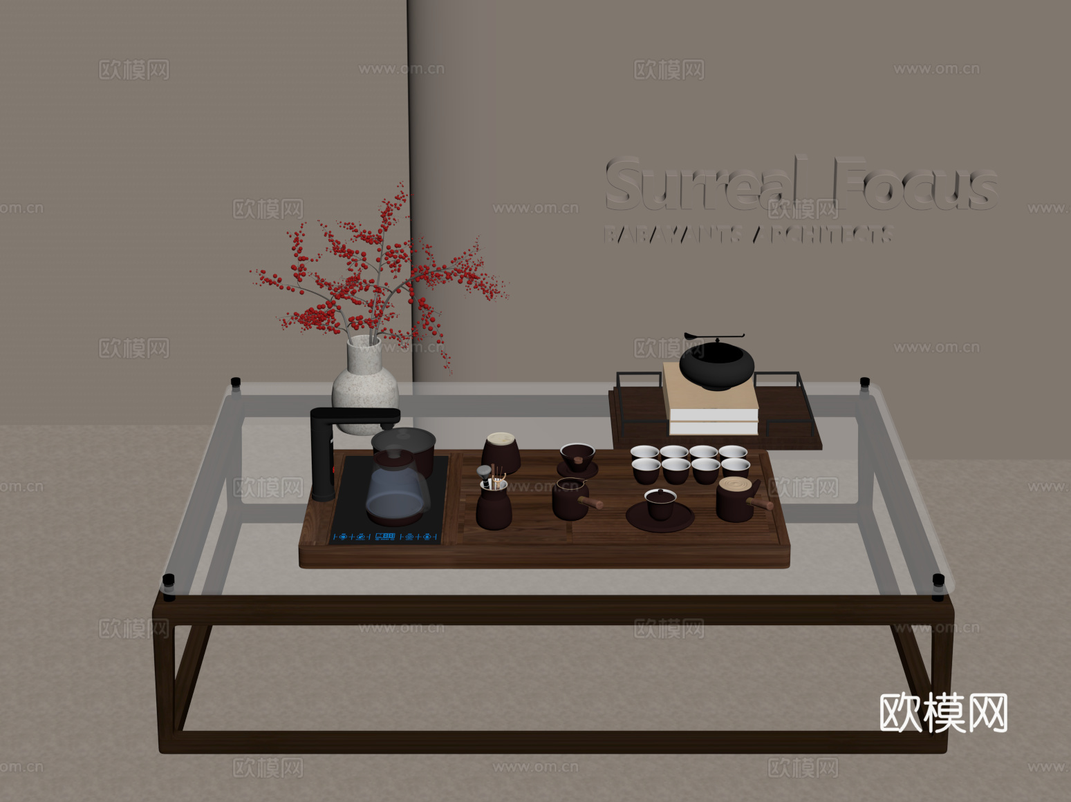 新中式茶几 茶具su模型