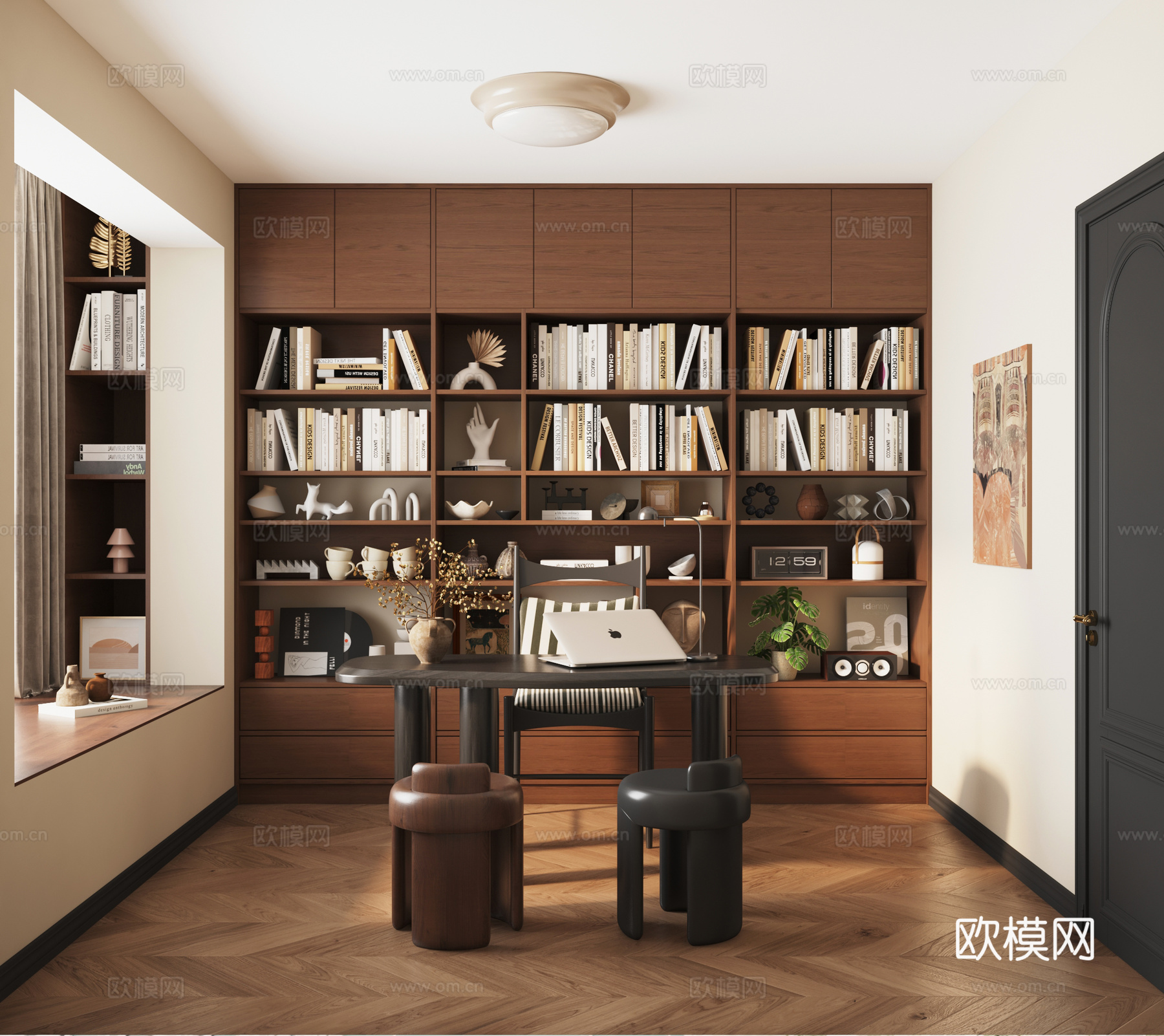 复古书房 中古风书房 美式书房 书柜 书架 书桌组合su模型