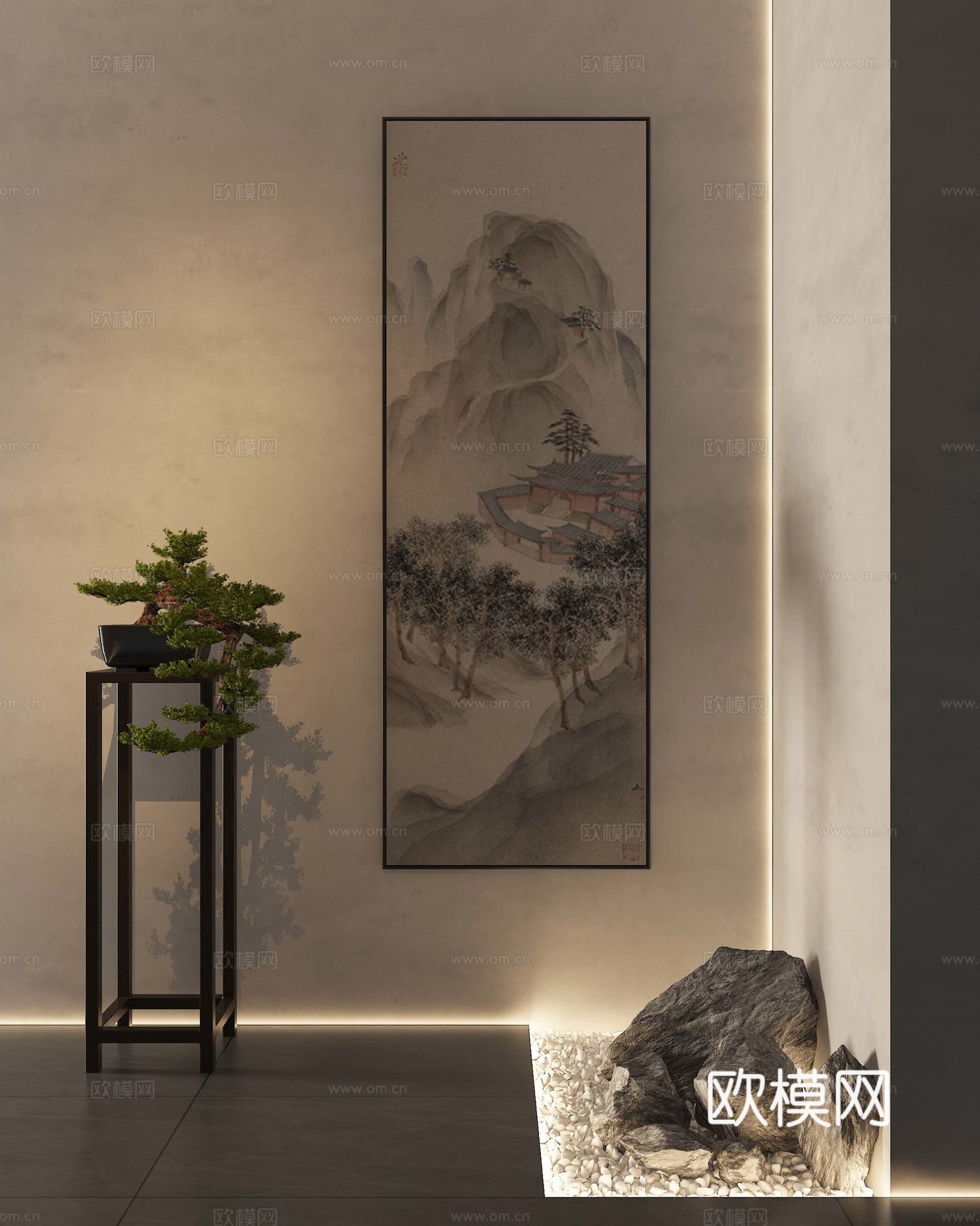 新中式挂画 盆景 石头3d模型