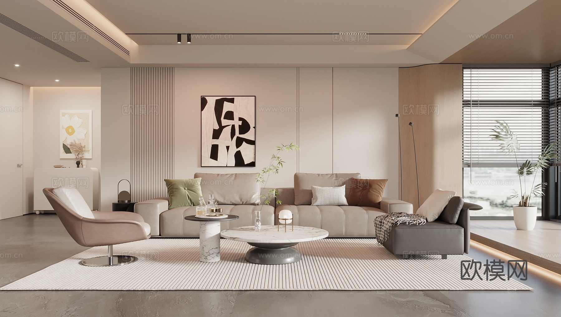 现代奶油风客厅 沙发茶几组合 沙发背景墙 休闲椅 玄关柜3d模型
