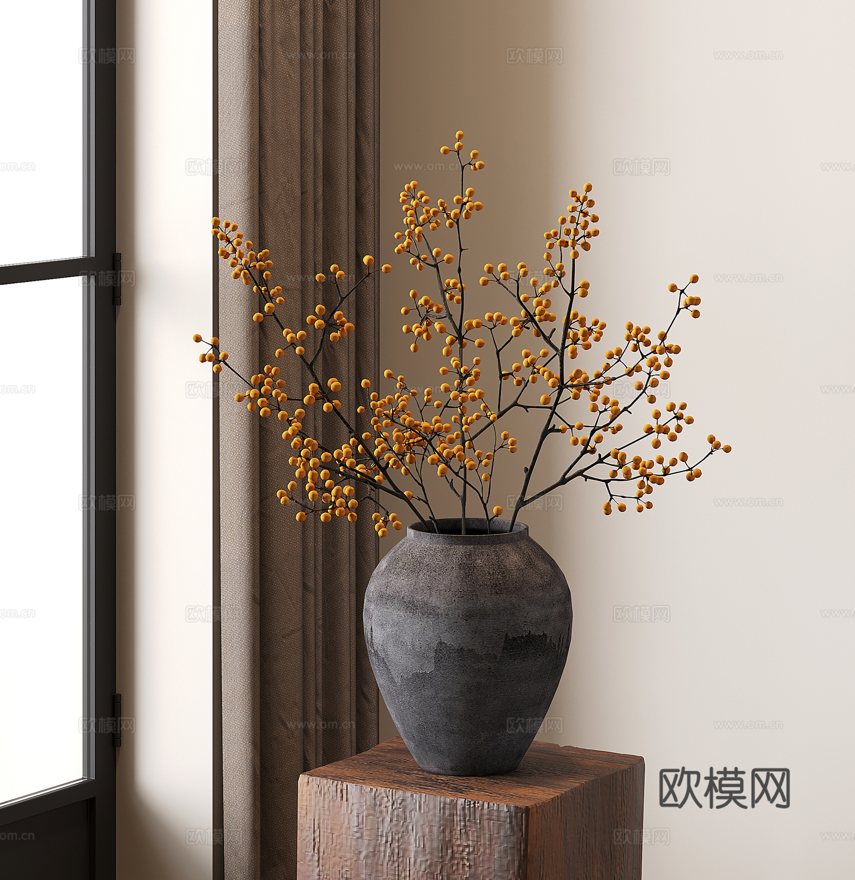 新中式花瓶花艺 干支 干花干果 黄浆果3d模型