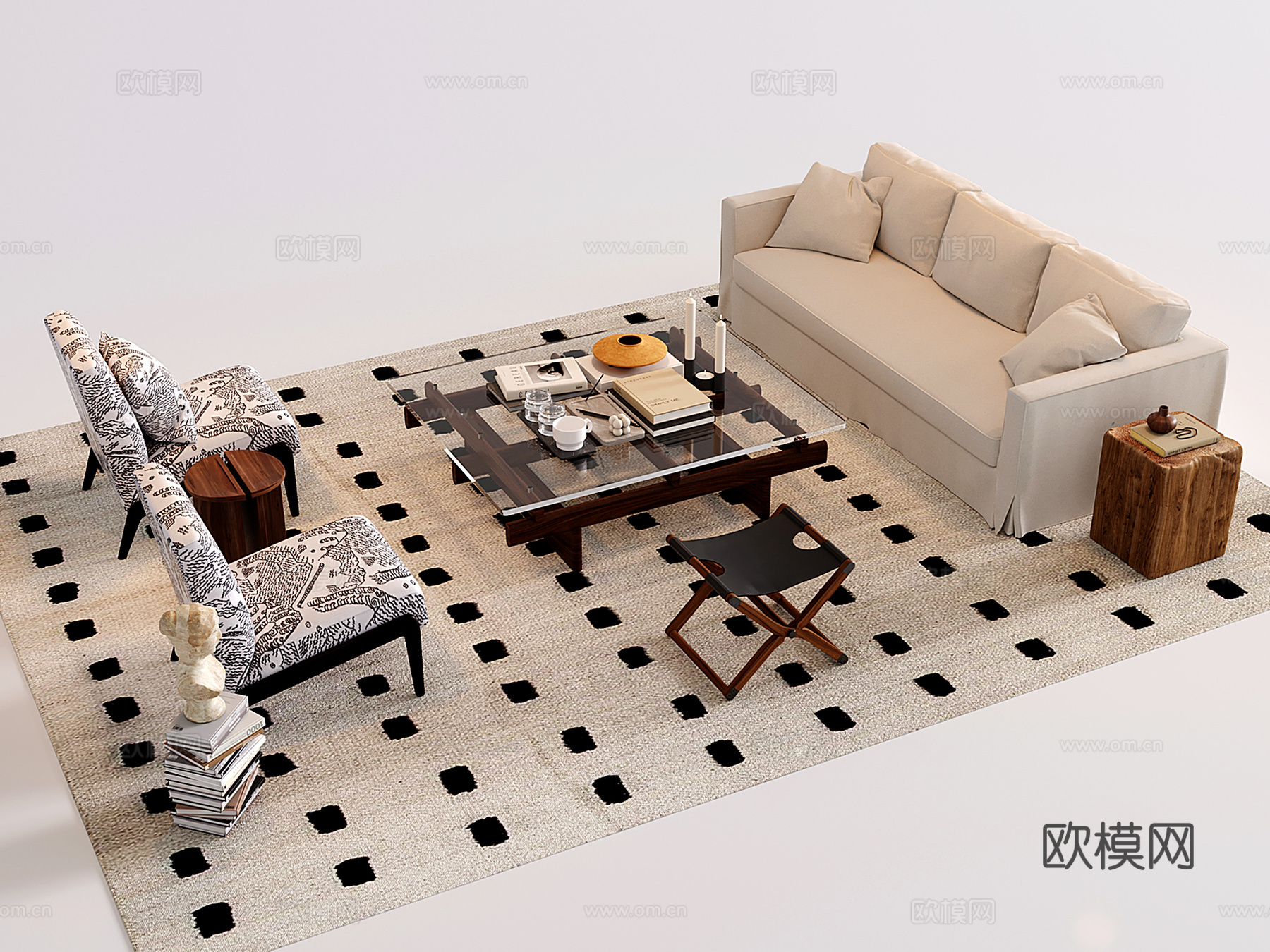 中古风沙发茶几组合 三人沙发 单人沙发 茶几3d模型