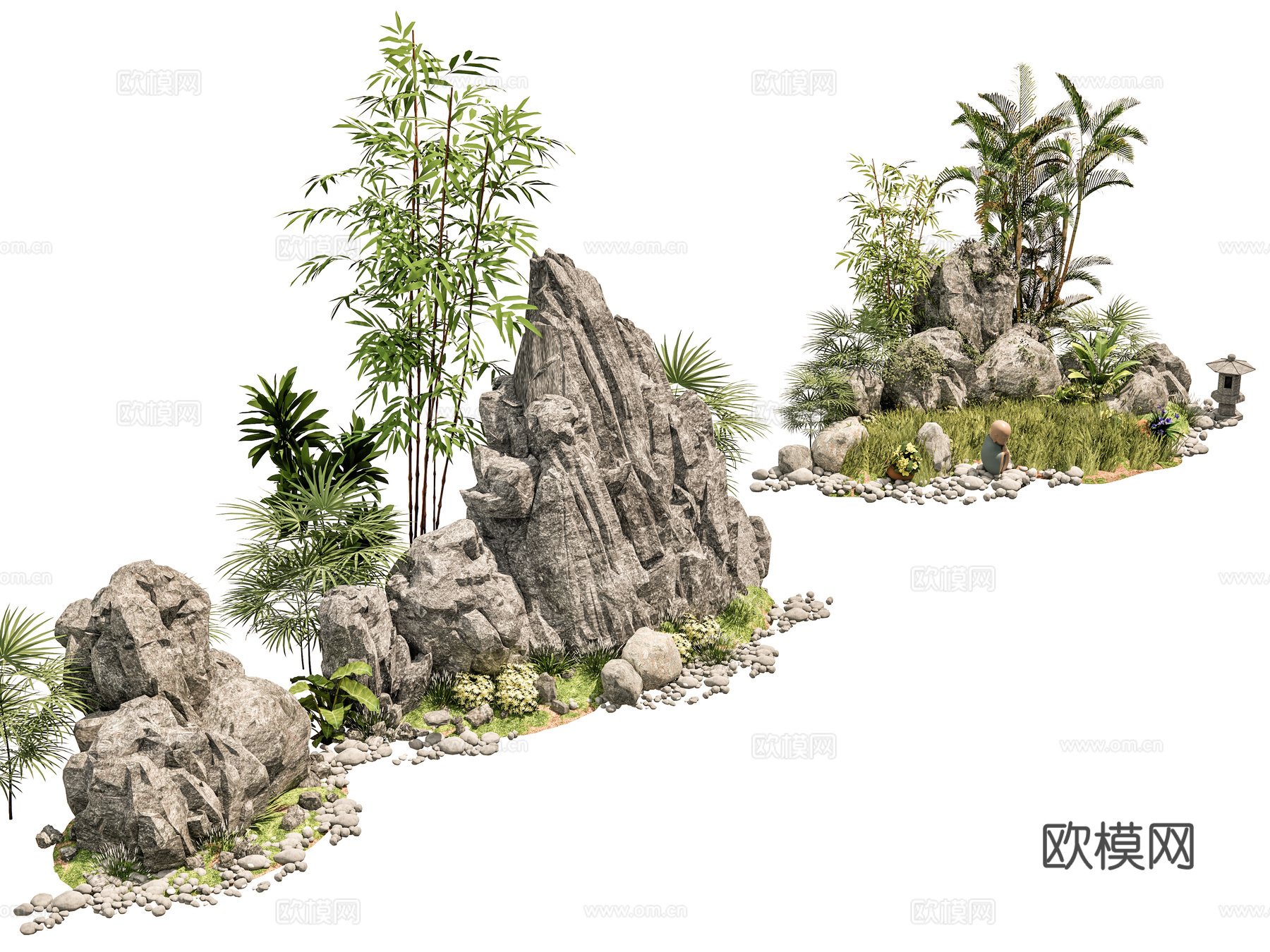 新中式现代假山 新中式庭院石头 庭院石头造景小品 石头岩石su模型