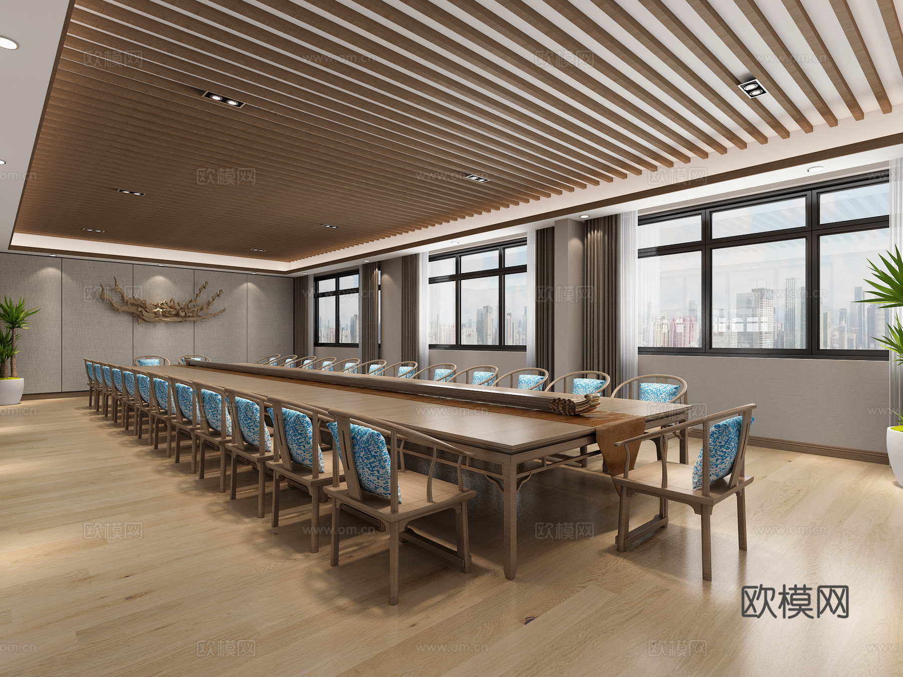 新中式会议室 会议桌 挂件 窗帘3d模型