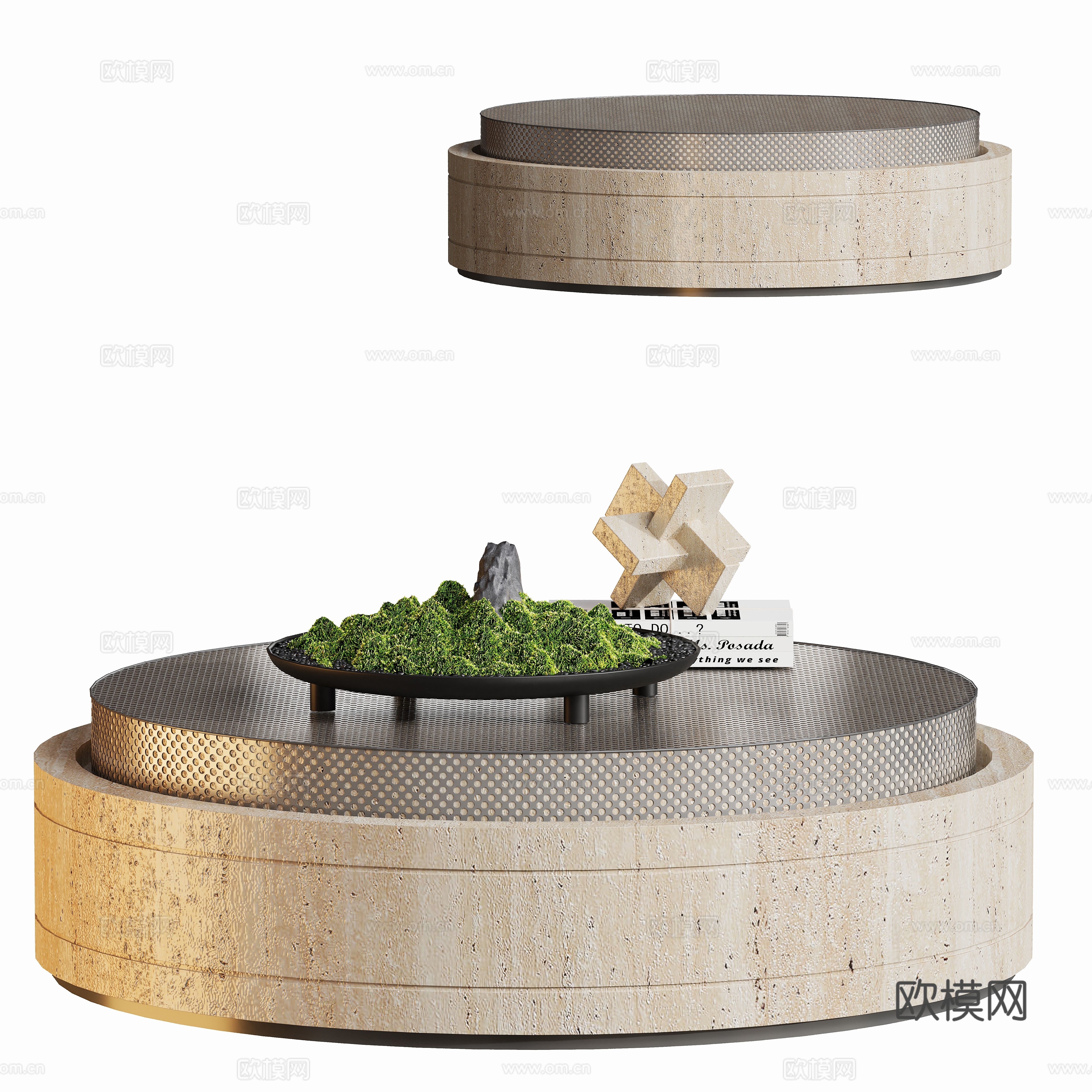 现代金属石材茶几 苔藓摆件su模型
