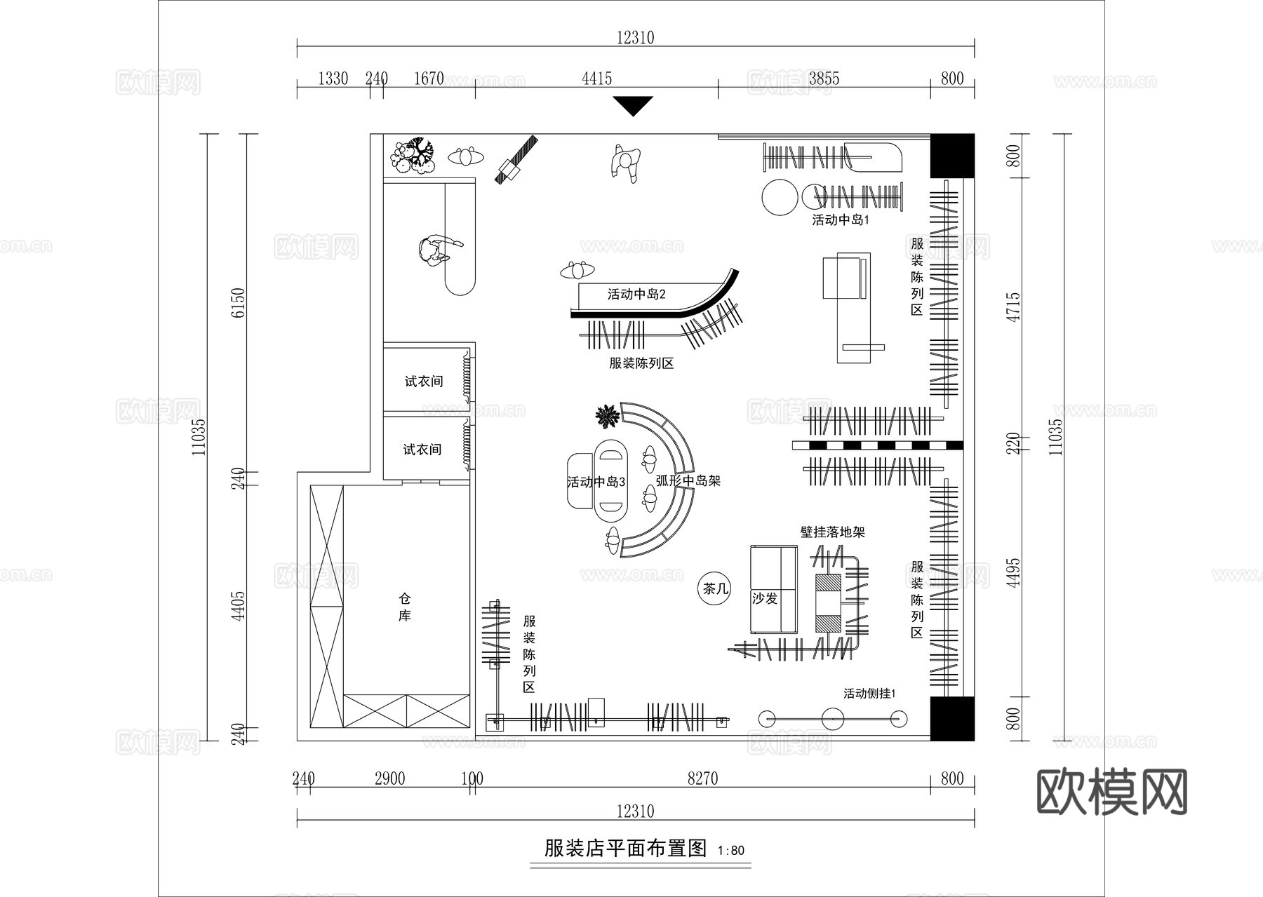 现代服装店平面方案图cad施工图