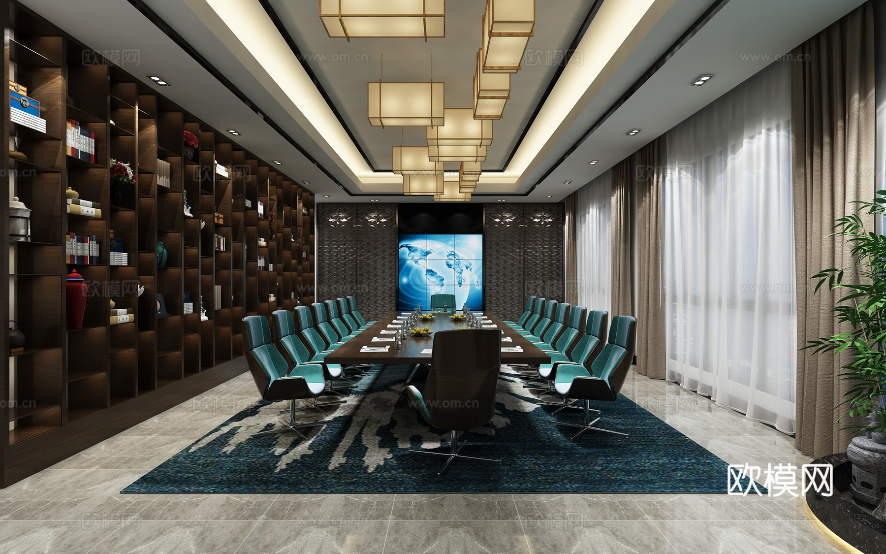 新中式会议室 会议桌 装饰柜3d模型