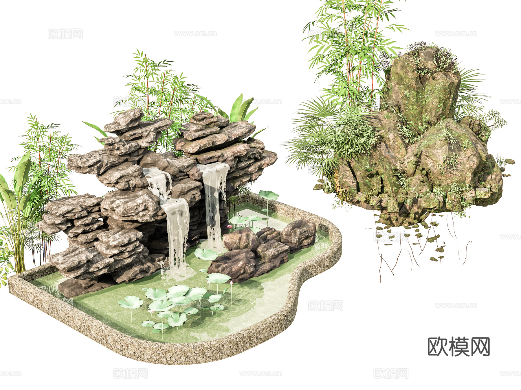 新中式现代假山 新中式庭院石头 庭院石头造景小品 石头岩石su模型