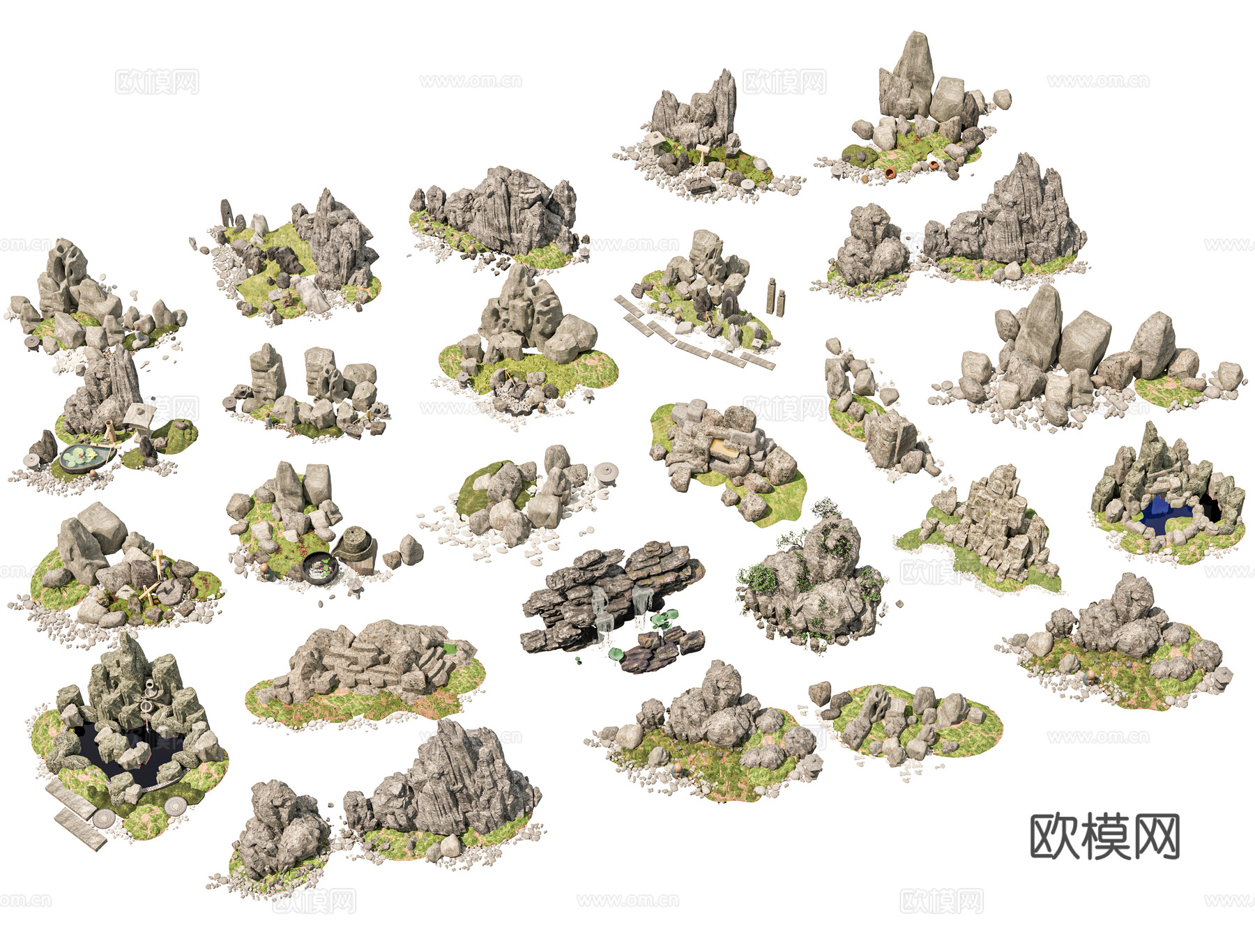 现代新中式假山 新中式庭院石头 庭院石头造景小品 石头岩石su模型