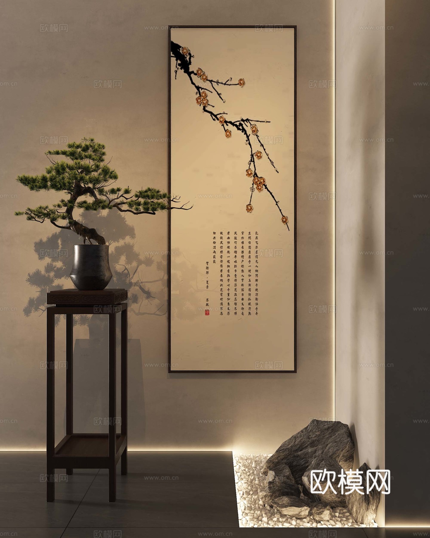 新中式挂画 盆栽 绿植su模型