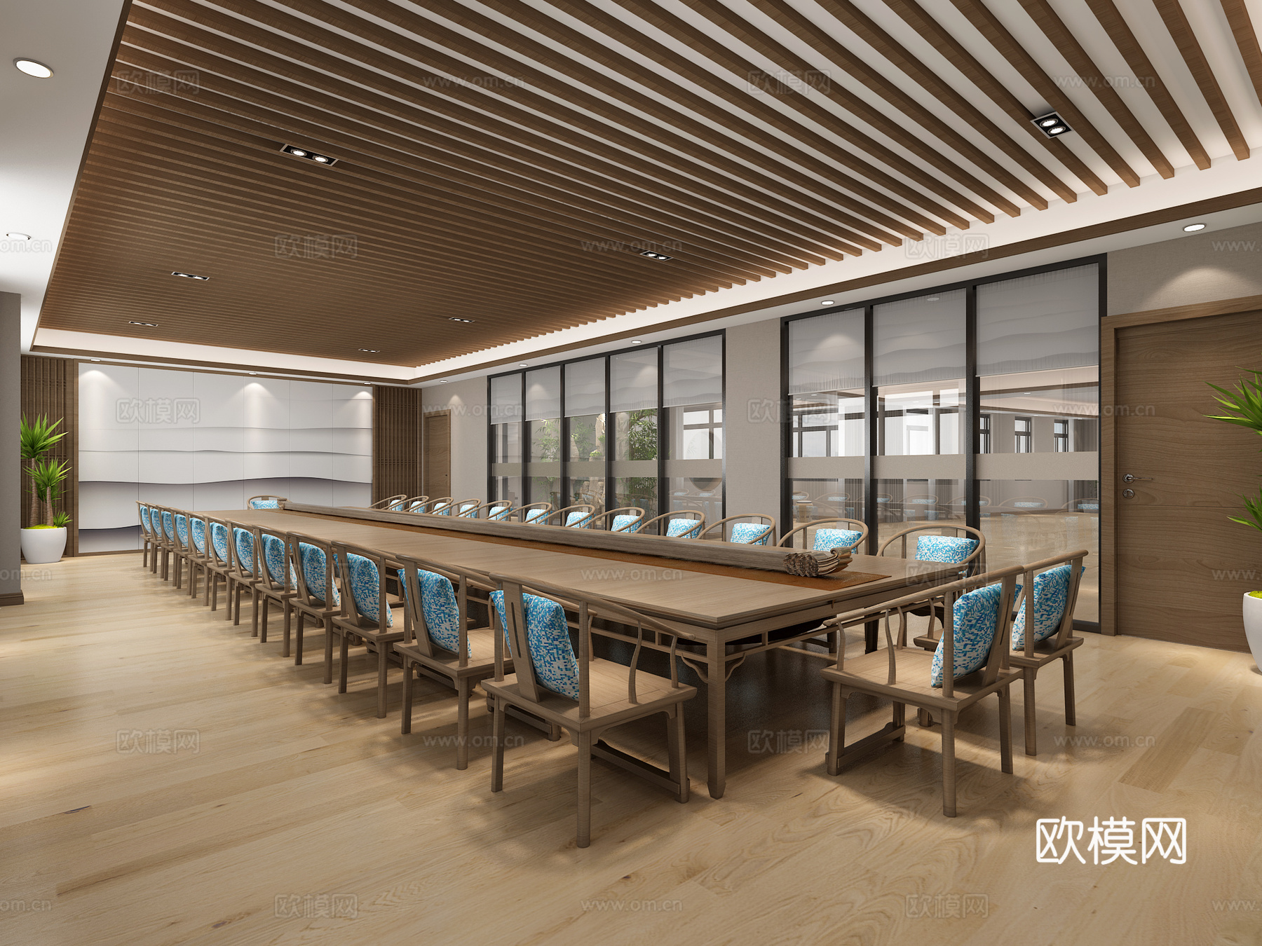 新中式会议室 会议桌 挂件 窗帘3d模型