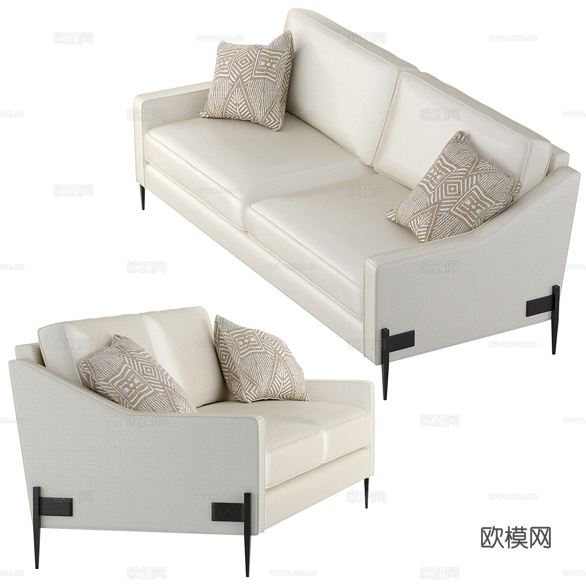 新中式轻奢双人皮革休闲沙发3d模型