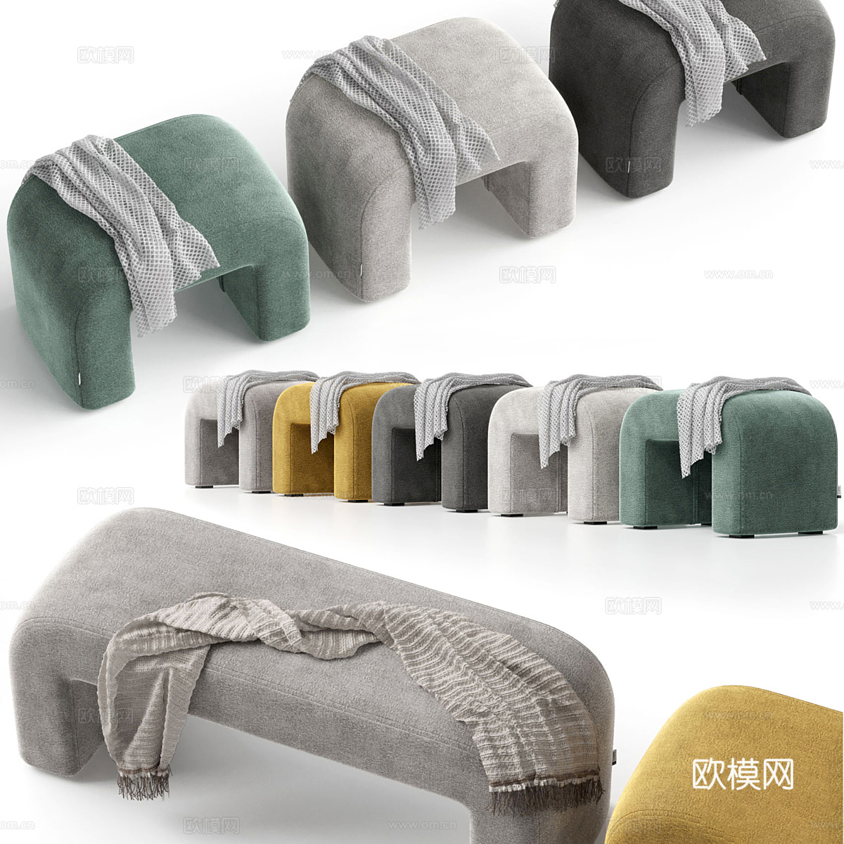 新中式布艺床尾凳3d模型