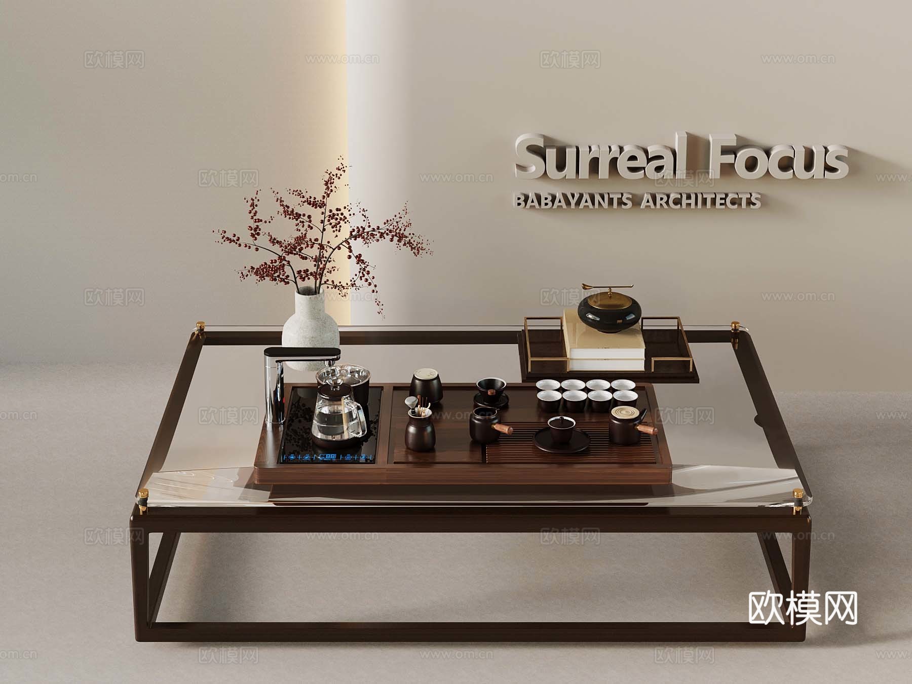 新中式茶几 茶具su模型