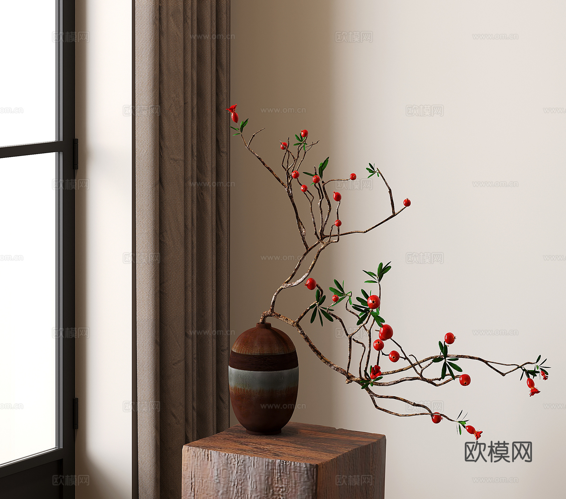 中古花瓶花艺 干支 石榴干果3d模型